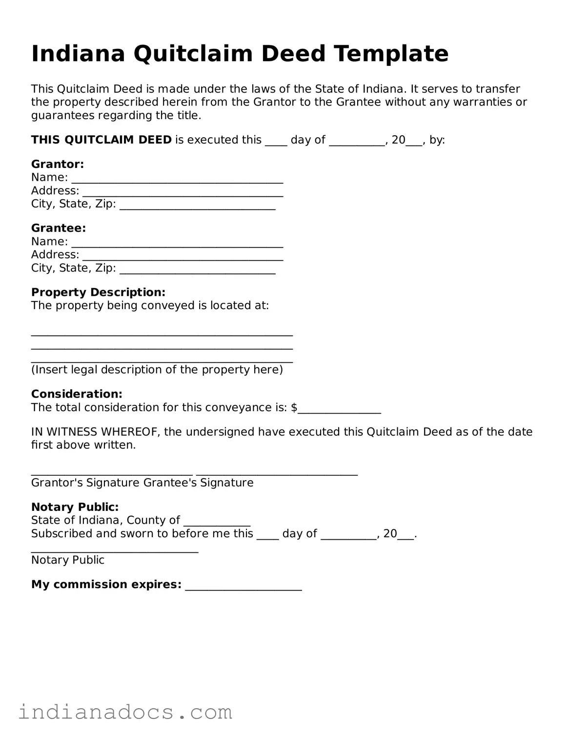Official  Quitclaim Deed Form for Indiana
