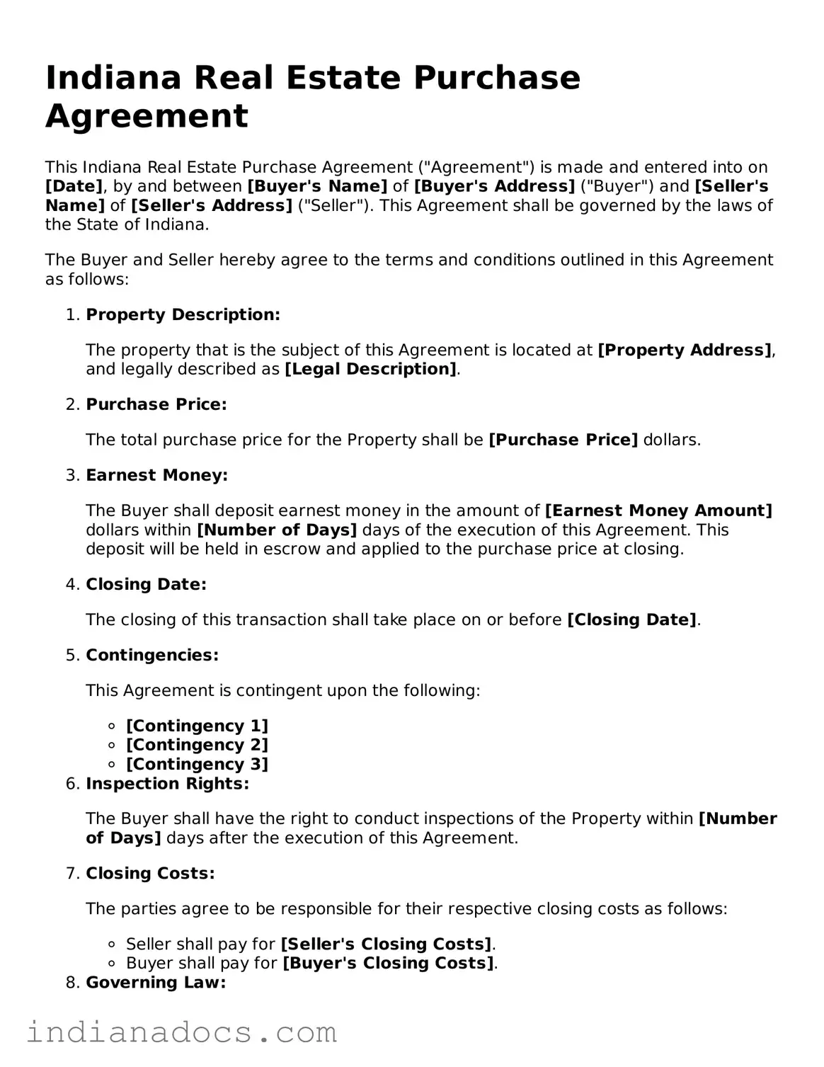 Official  Real Estate Purchase Agreement Form for Indiana
