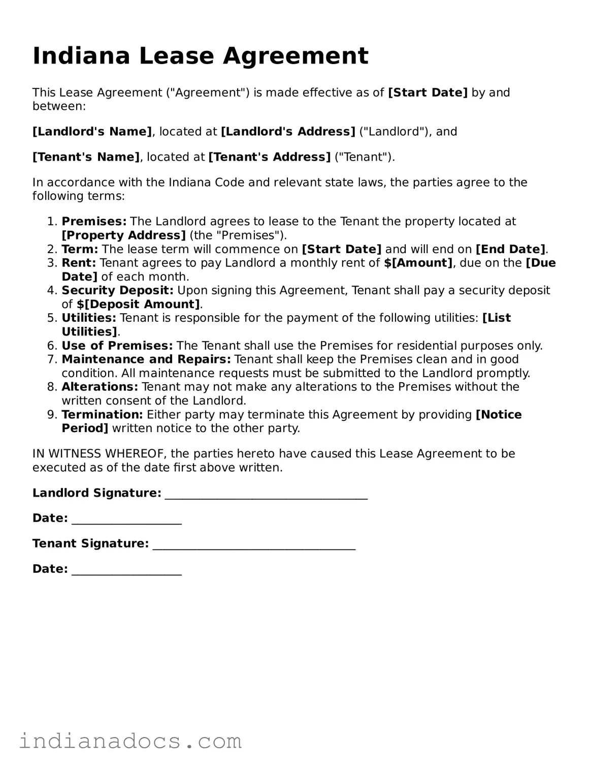 Official  Lease Agreement Form for Indiana