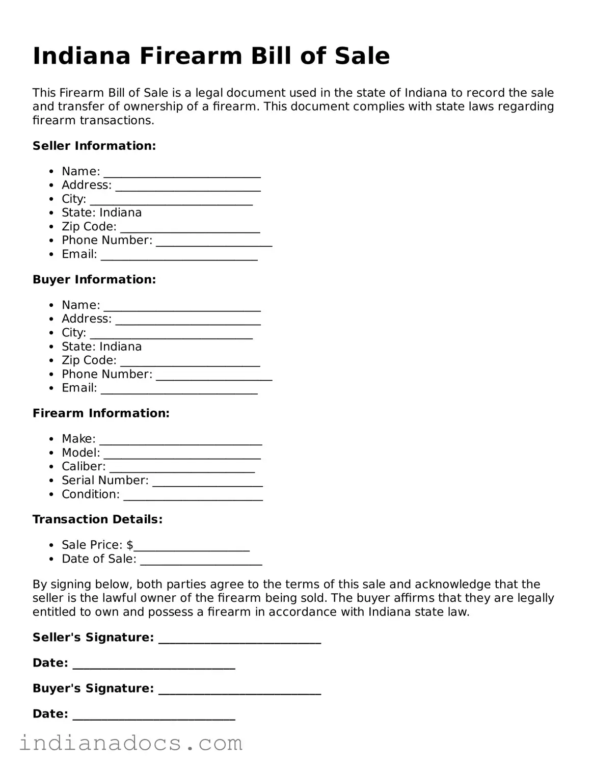 Official  Firearm Bill of Sale Form for Indiana