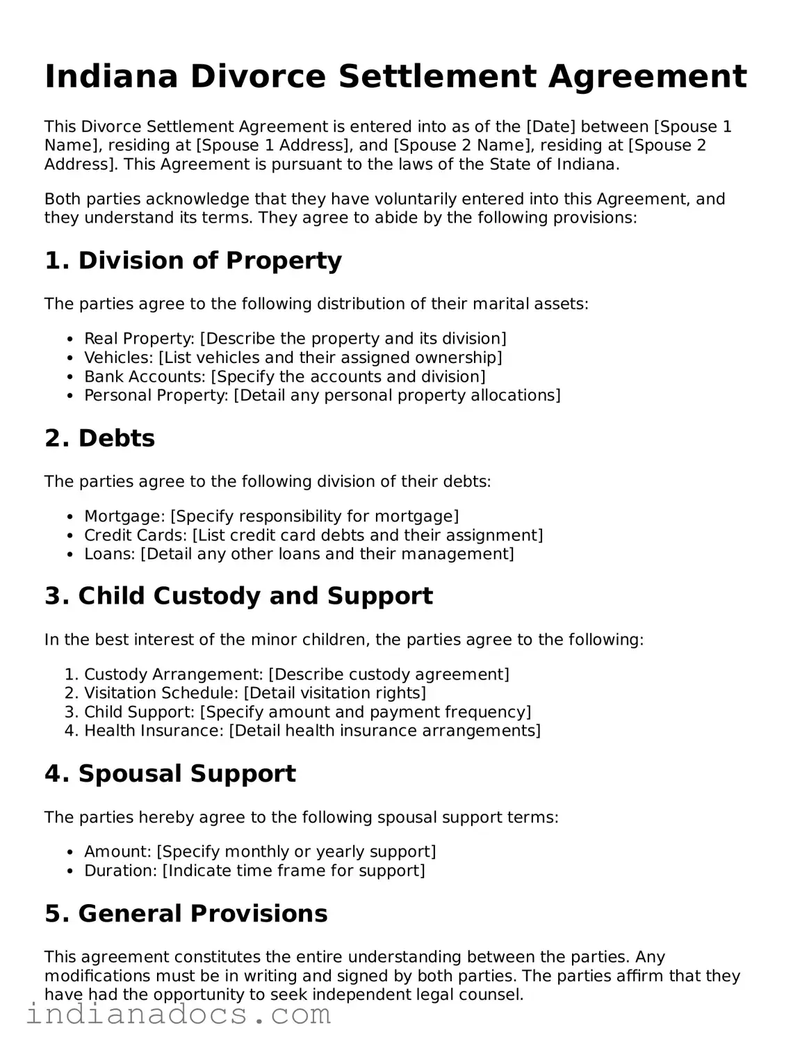 Official  Divorce Settlement Agreement Form for Indiana