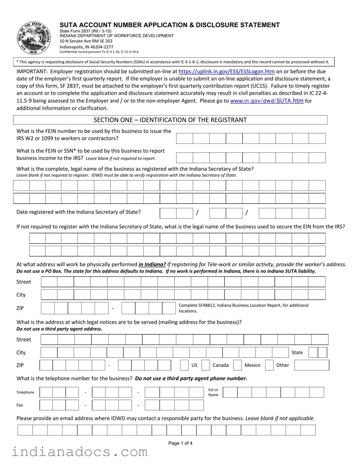 Fillable Indiana Sf 2837 Form