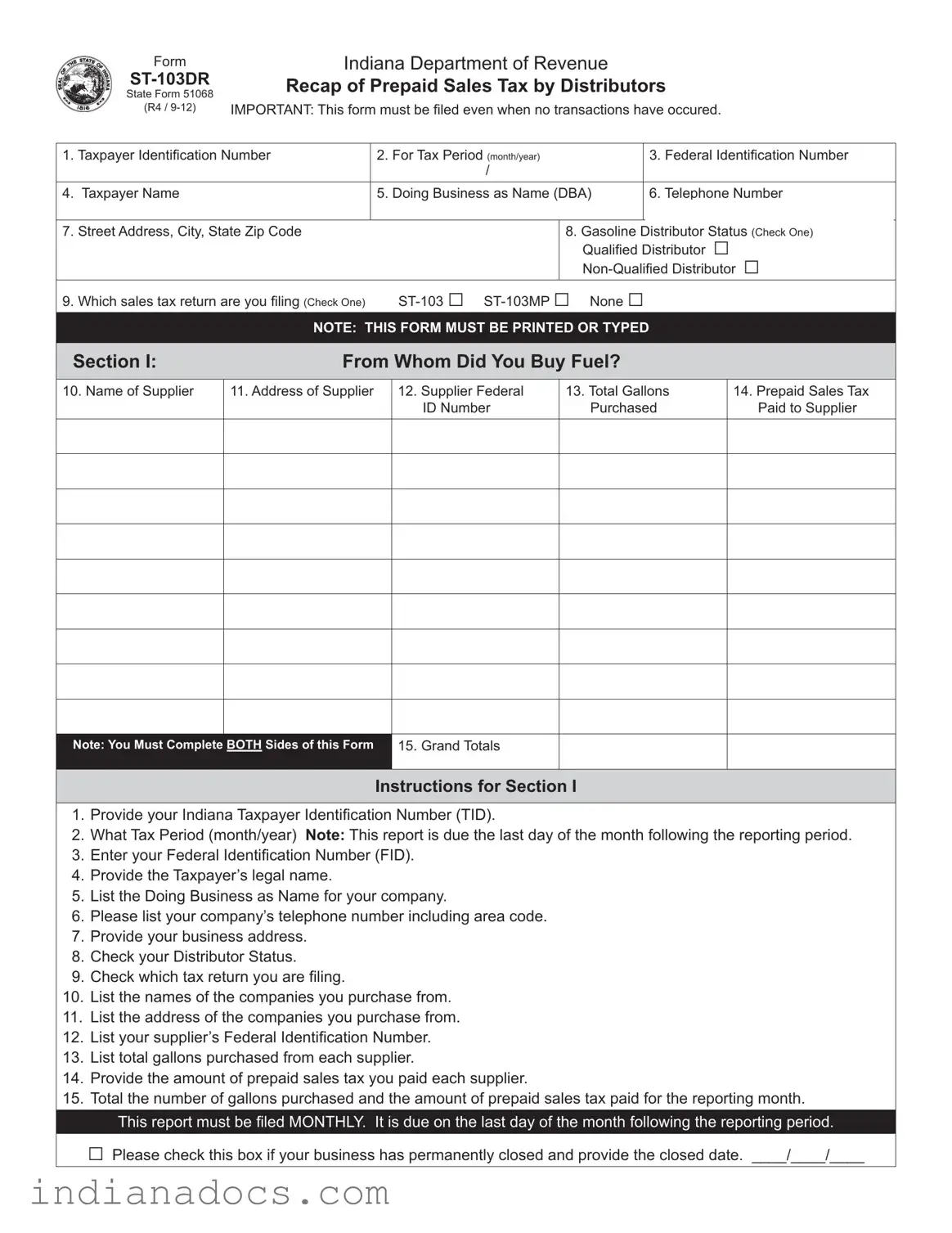 Fillable Indiana St 103Dr Form