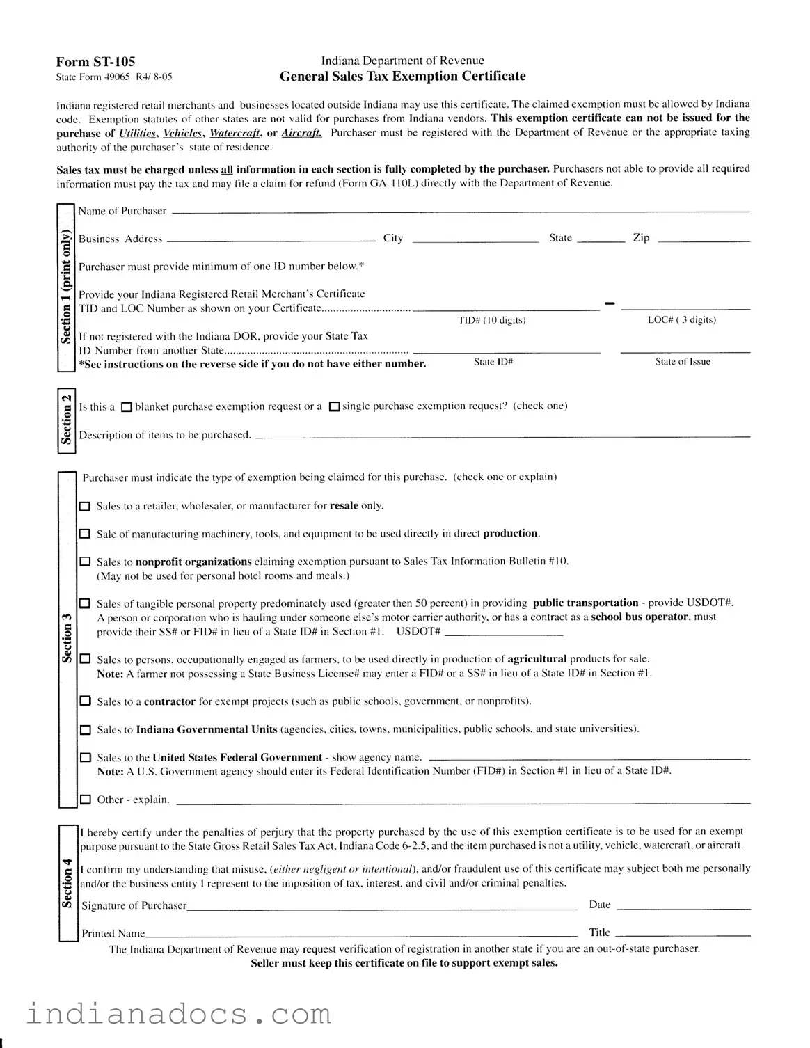 Fillable Indiana St 105 Form