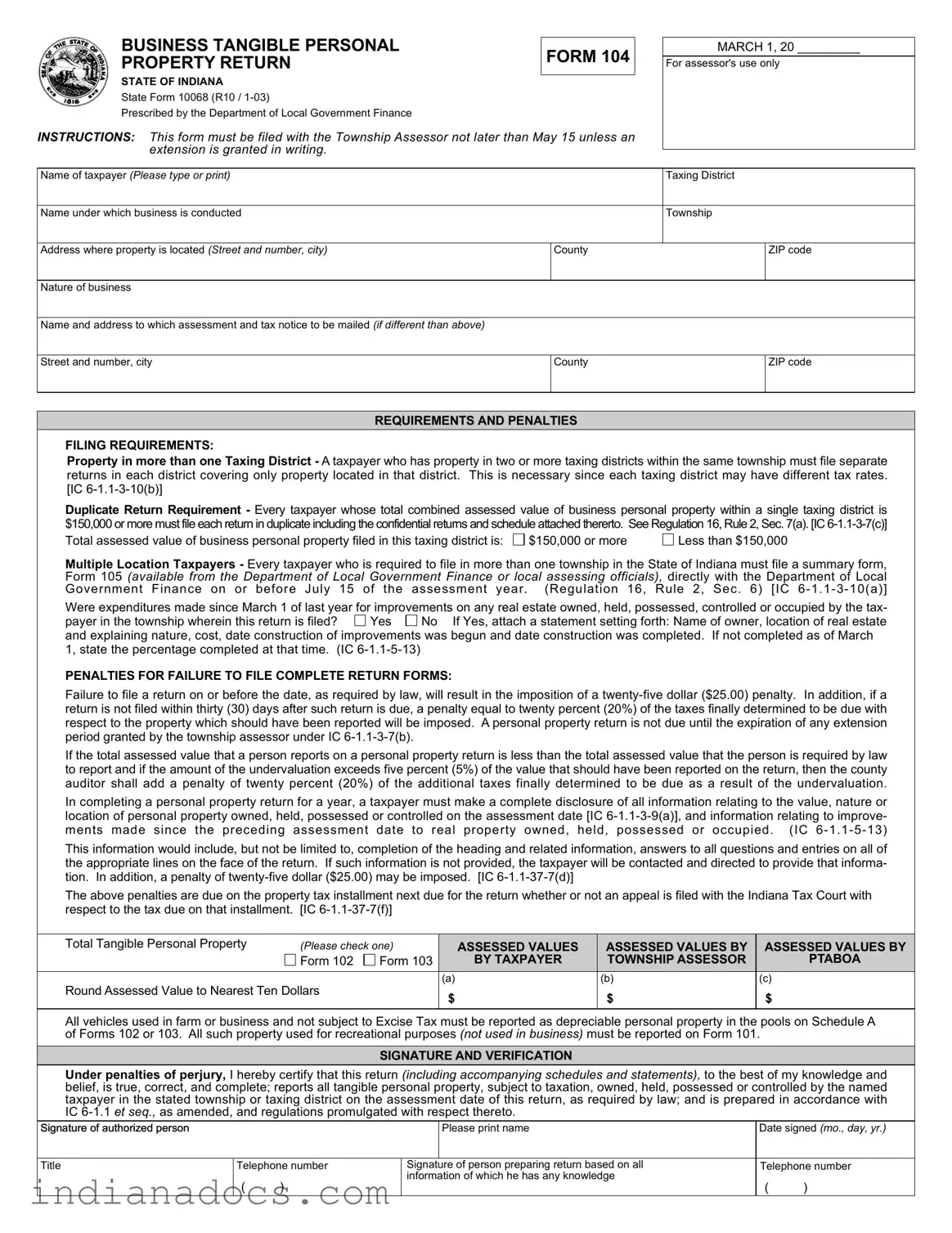 Fillable Indiana State 104 Form