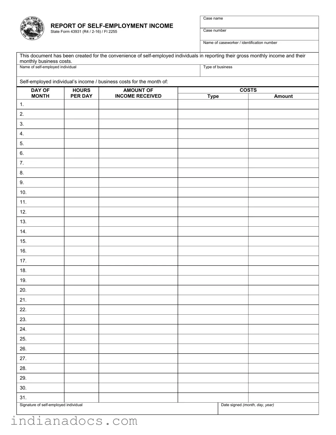 Fillable Indiana State 43931 Form