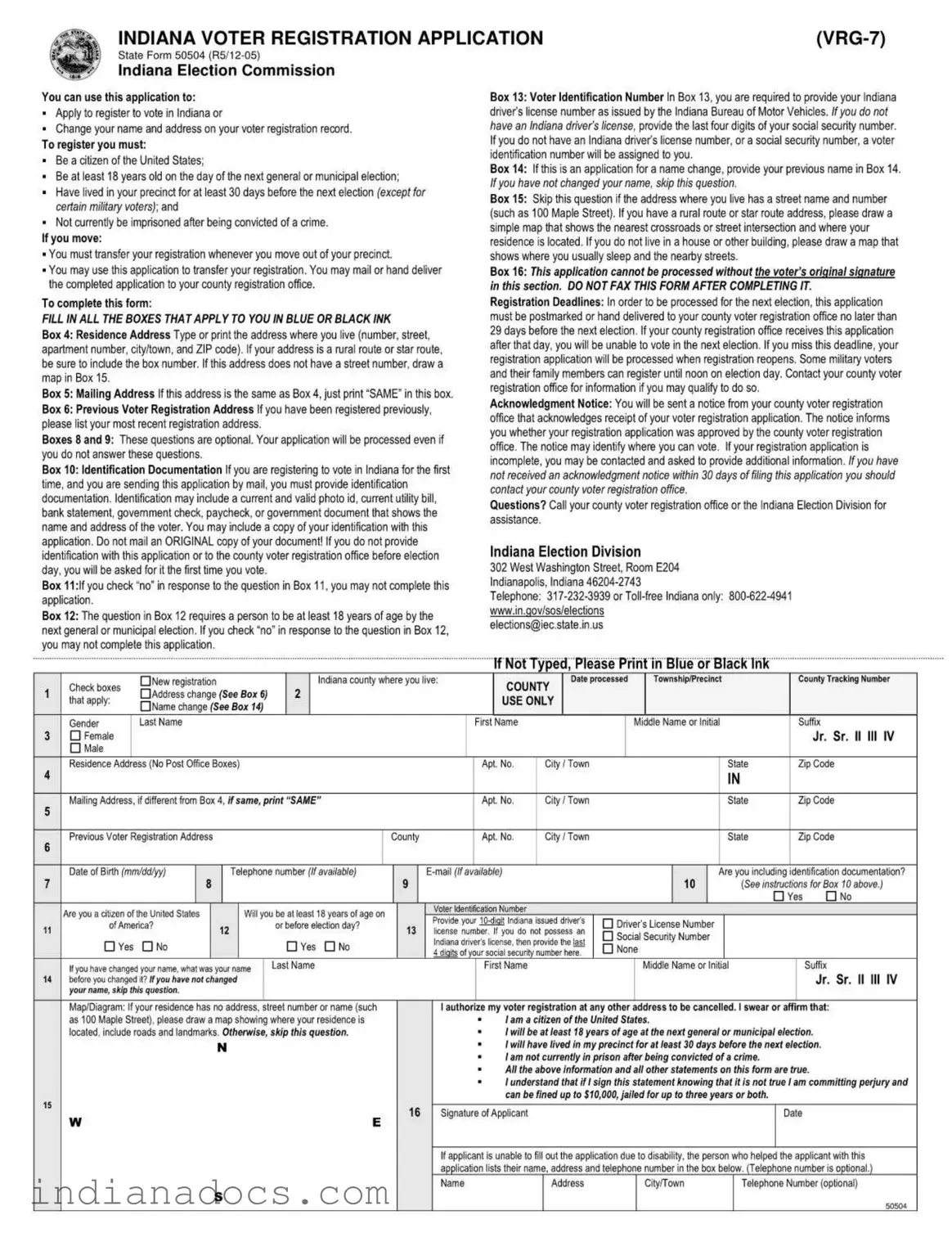 Fillable Indiana State 50504 Form