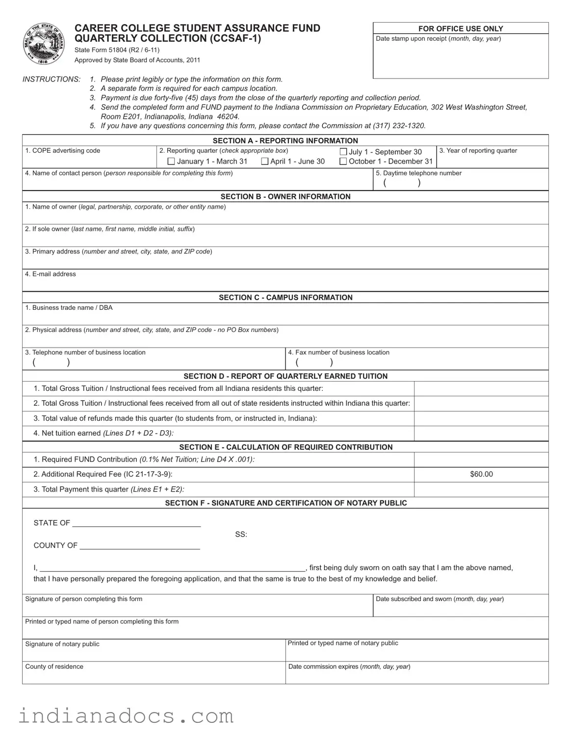 Fillable Indiana State 51804 Form