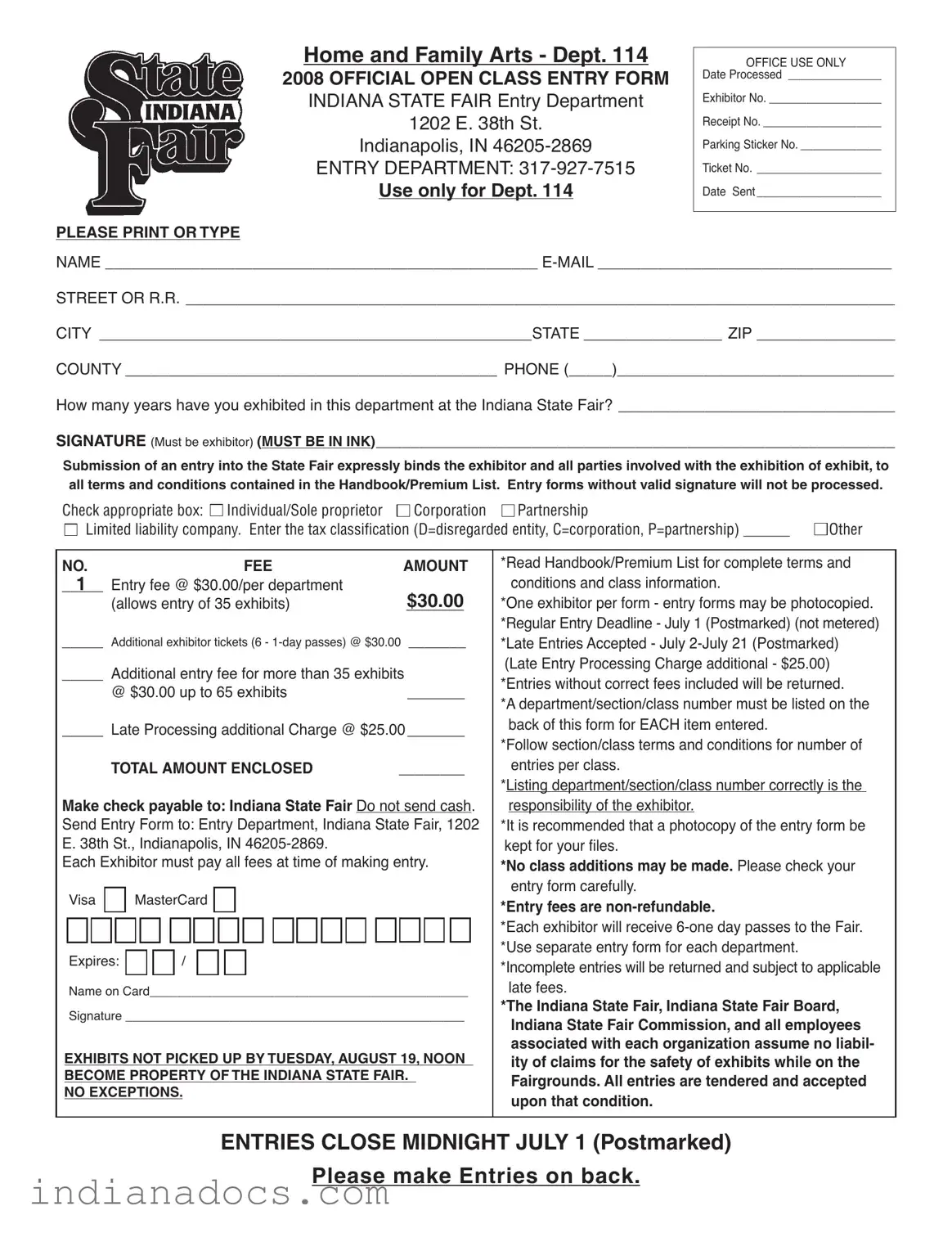 Fillable Indiana State Fair Entry Form
