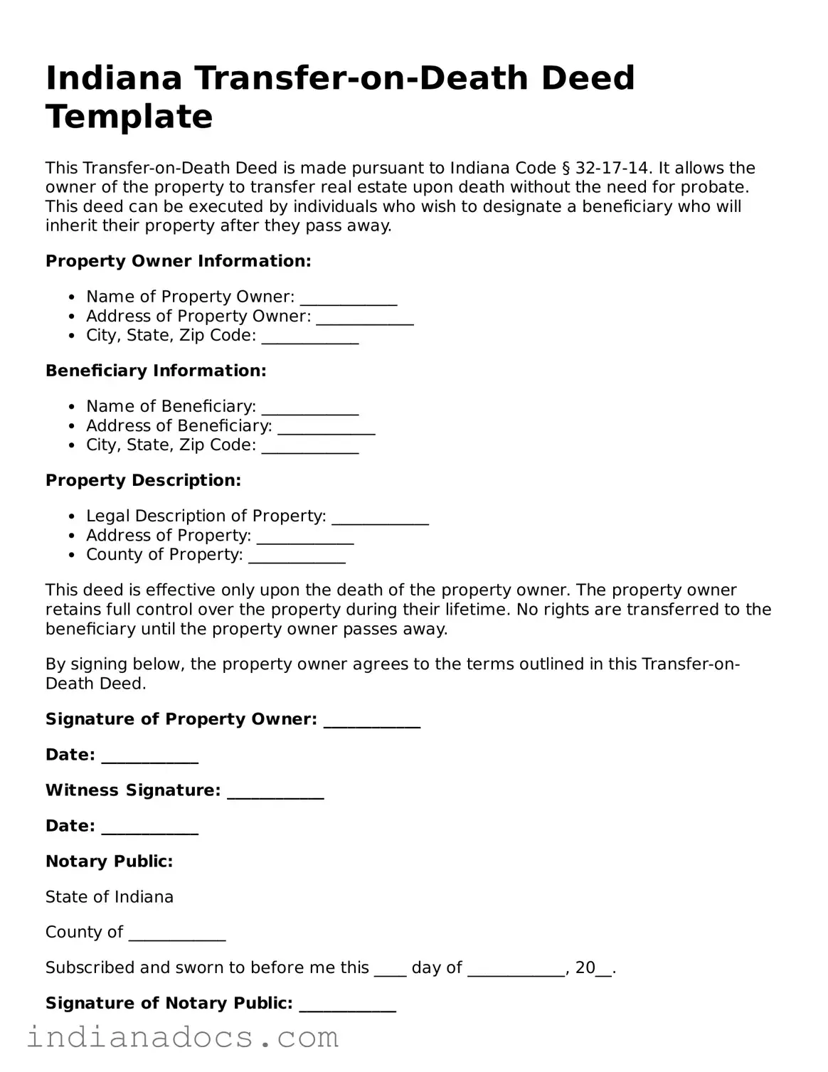 Official  Transfer-on-Death Deed Form for Indiana