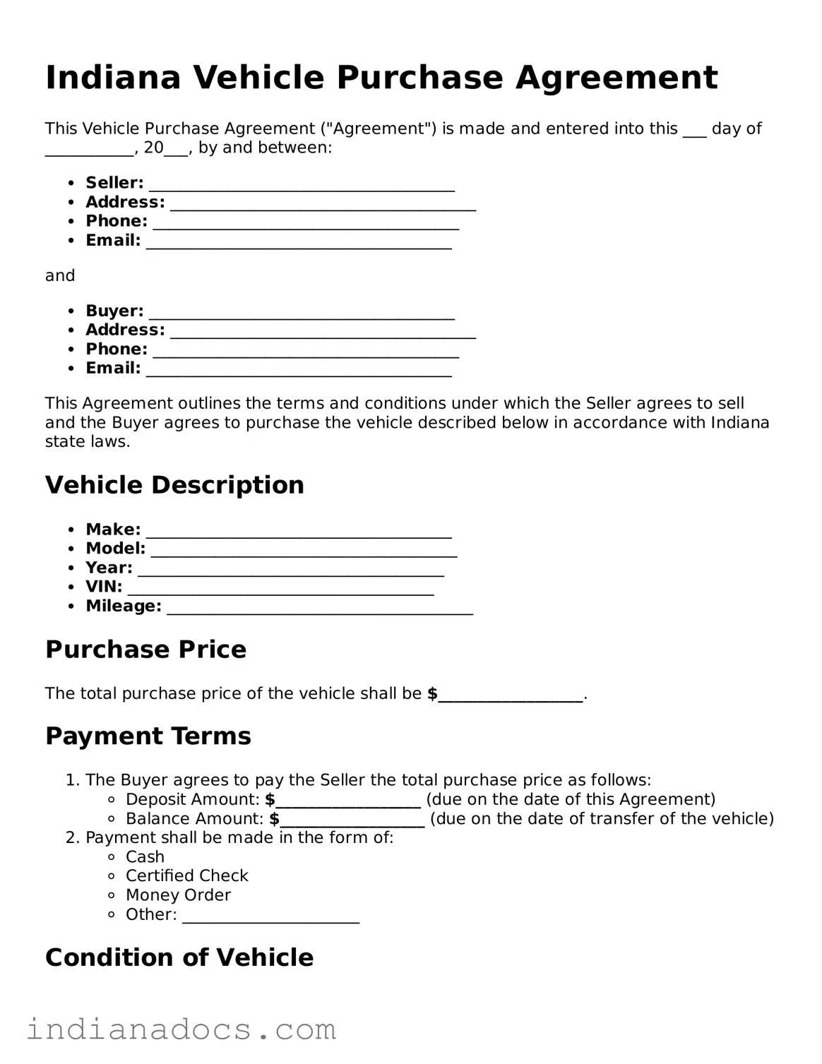 Official  Vehicle Purchase Agreement Form for Indiana