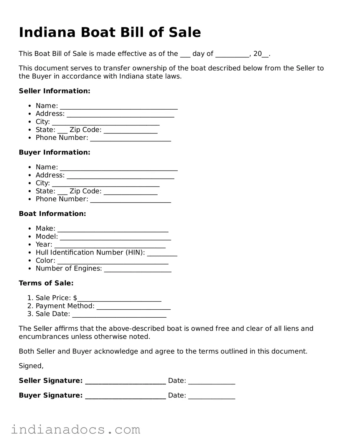 Official  Boat Bill of Sale Form for Indiana