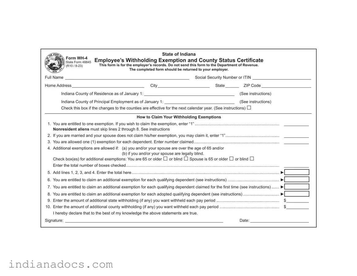 Fillable Indiana Wh 4 Form