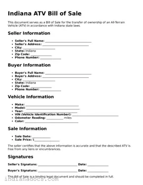 Official  ATV Bill of Sale Form for Indiana