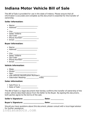 Official  Motor Vehicle Bill of Sale Form for Indiana