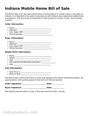 Official  Mobile Home Bill of Sale Form for Indiana