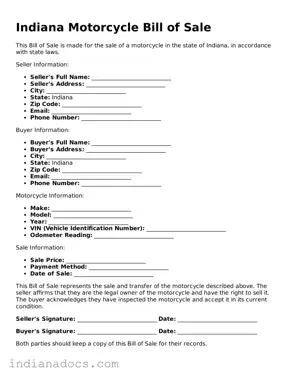 Official  Motorcycle Bill of Sale Form for Indiana