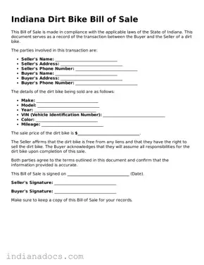 Official  Dirt Bike Bill of Sale Form for Indiana