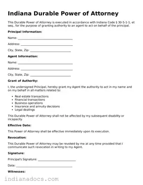 Official  Durable Power of Attorney Form for Indiana