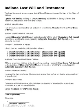 Official  Last Will and Testament Form for Indiana