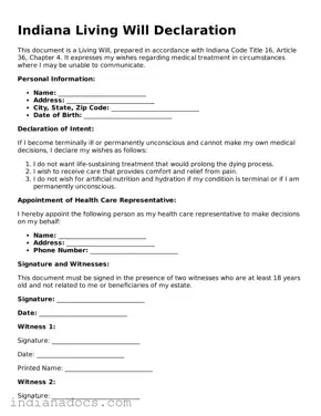 Official  Living Will Form for Indiana