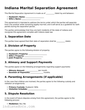Official  Marital Separation Agreement Form for Indiana