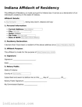 Official  Affidavit of Residency Form for Indiana