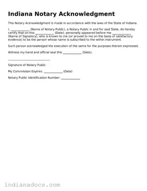 Official  Notary Acknowledgement Form for Indiana