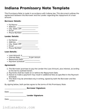 Official  Promissory Note Form for Indiana