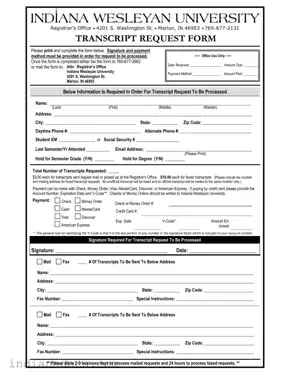 Fillable Indiana Transcript Request Form