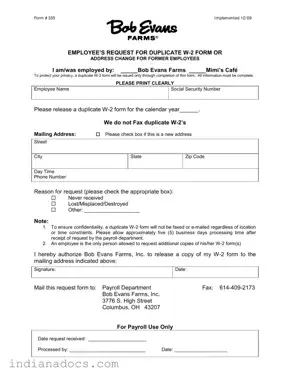 Fillable W2 Bob Evans Indianapolis Form