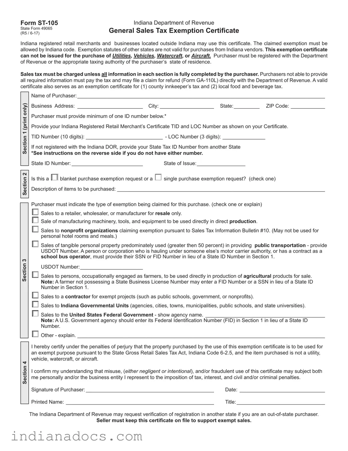 Fillable St 105 Indiana Form