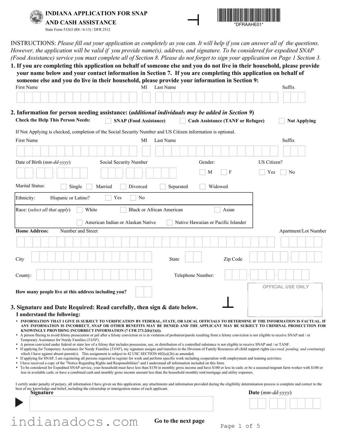 Fillable State 53263 Indiana Form